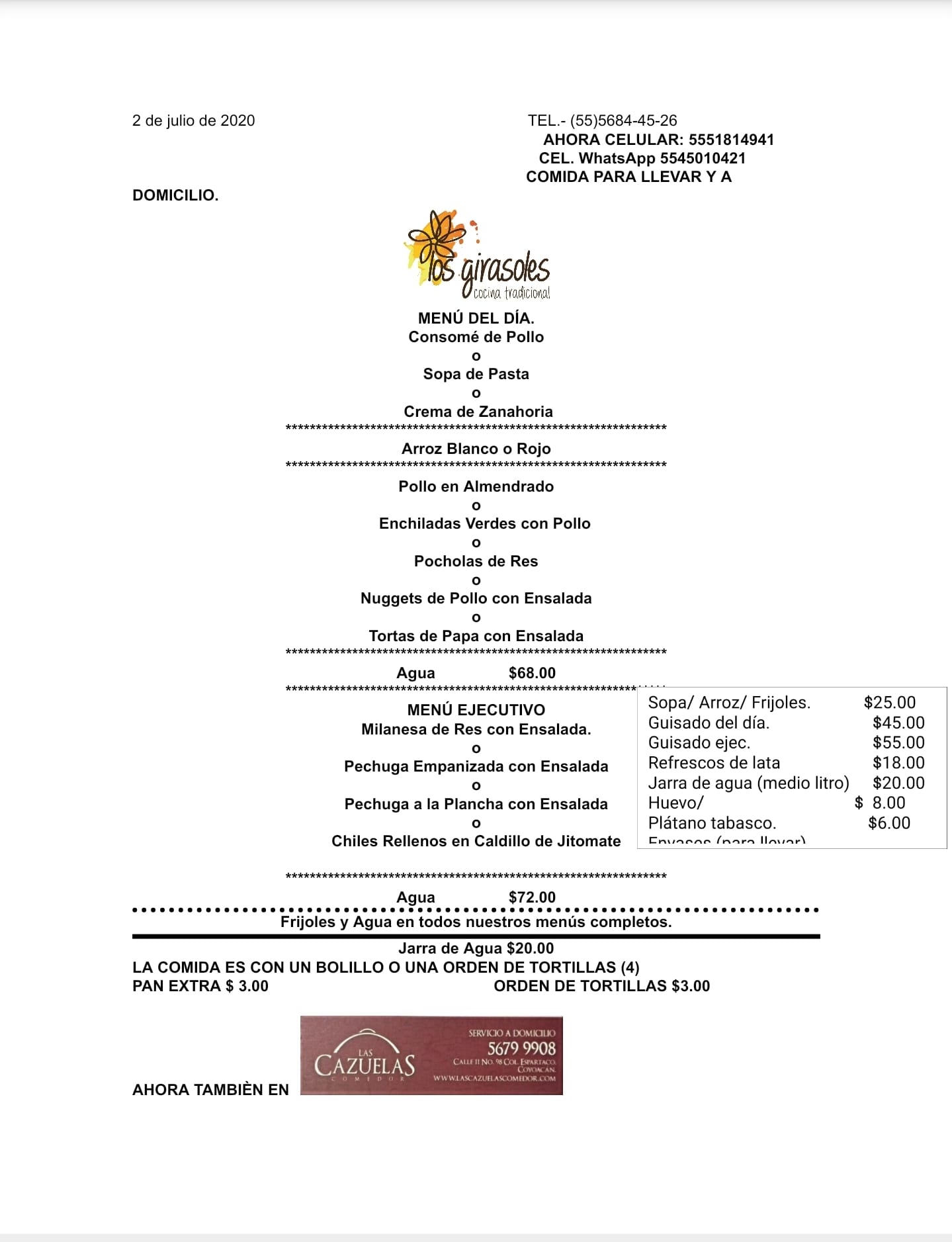 Carta de Los Girasoles para llevar. — página 1